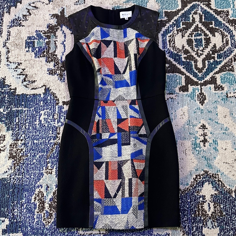 Milly Black Sheath Dress with Blue & Red Geometric Panels